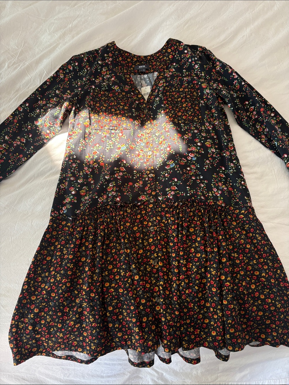 Black Floral Long-Sleeve Tiered Dress